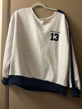 White Fox Heather Gray & Navy 13 Pullover Sweatshirt Cut Neckline